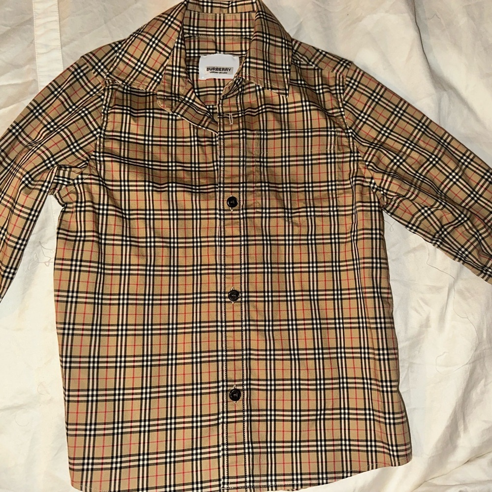 Burberry Kids Plaid Button Down Shirt - Tan and Black